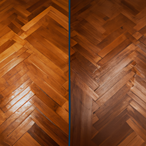 צילום לפני ואחרי של רצפת פרקט ניקוי עם חומר ניקוי חזק