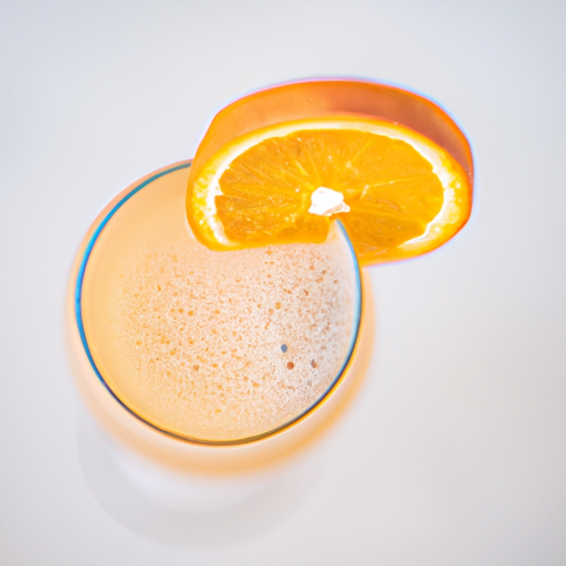 צילום מלמעלה למטה של קוקטייל מימוזה נוצץ עם פרוסת תפוז טרי.
