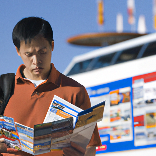 תייר מבולבל מסתכל על חוברות שונות של חברות תחבורה