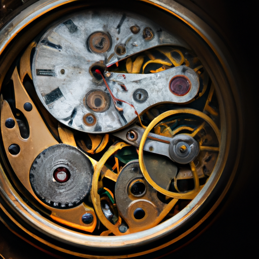 צילום תקריב של שעון עתיק המציג פרטים מורכבים.
